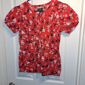 Peaches Uniforms Red Floral Blouse Medium